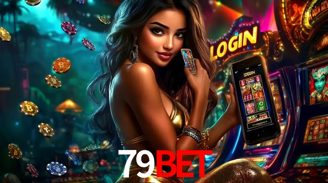 Mulher em um cenário de cassino temático de aventura, mostrando o app de caça-níqueis da 79BET no celular. Fichas de apostas flutuam ao redor.