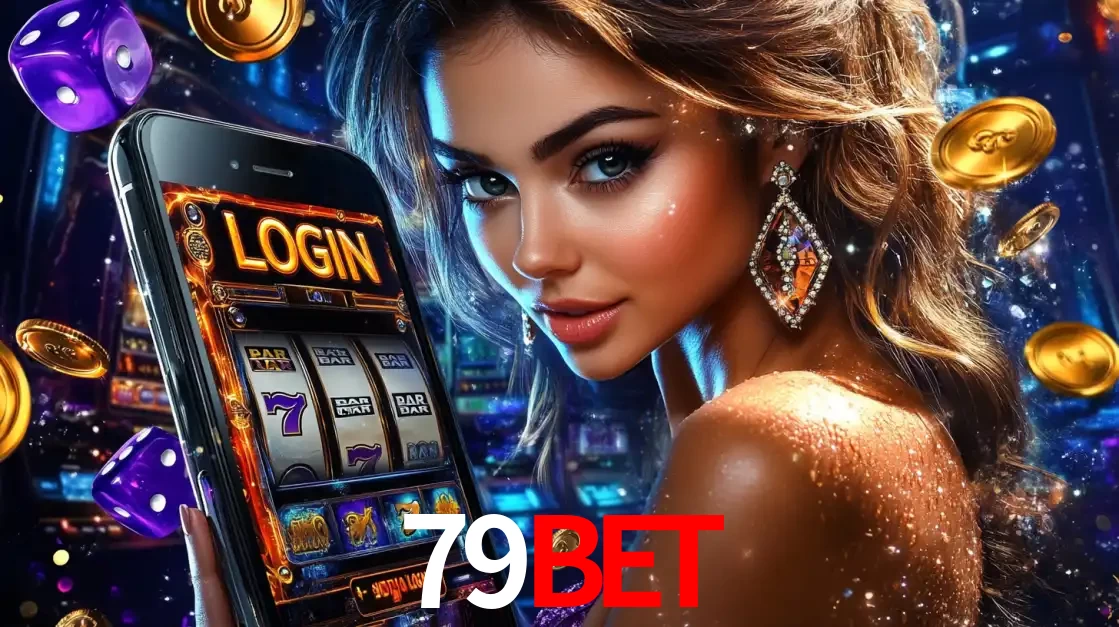 Mulher glamorosa segurando um smartphone com a tela de login para os jogos de caça-níqueis do cassino online 79BET, com moedas de ouro e dados ao redor.