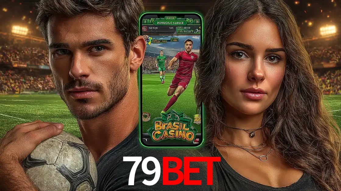 Homem segurando uma bola de futebol e uma mulher ao lado de um smartphone exibindo o jogo de apostas esportivas da 79BET. Faça seu palpite no cassino online.